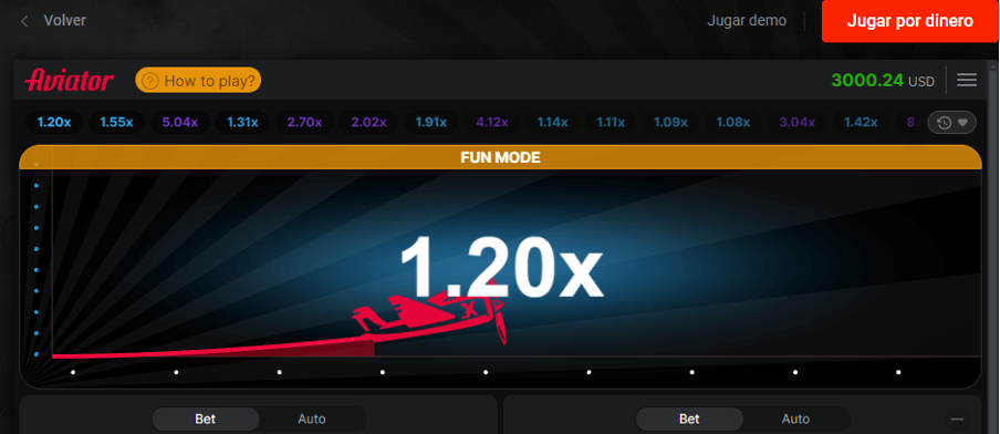 La interfaz del juego Aviator en la plataforma Pin-up muestra un multiplicador de 1,20x en modo diversión con opciones de apuesta.