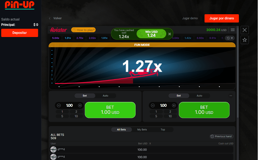 Interfaz del juego Pin-up Aviator que muestra el cobro con un multiplicador de 1,24x y un progreso en el juego de 1,27x.