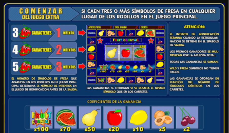 Instrucciones de la ronda de bonificación de cóctel de frutas y coeficientes de pago del juego de tragaperras.