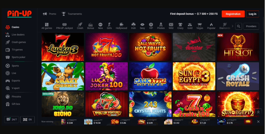 Pantalla de selección de juegos de Pin-up Casino con juegos populares como Aviator, Hit Slot, Lucky Joker 100 y Magic Apple.