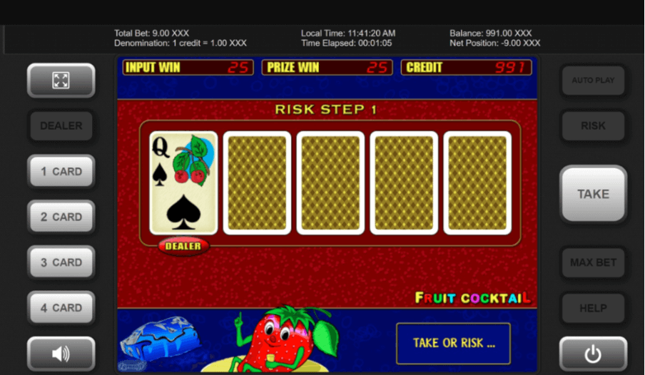 Máquina tragaperras Fruit cocktail juego por pasos de riesgo con opciones de selección de cartas.