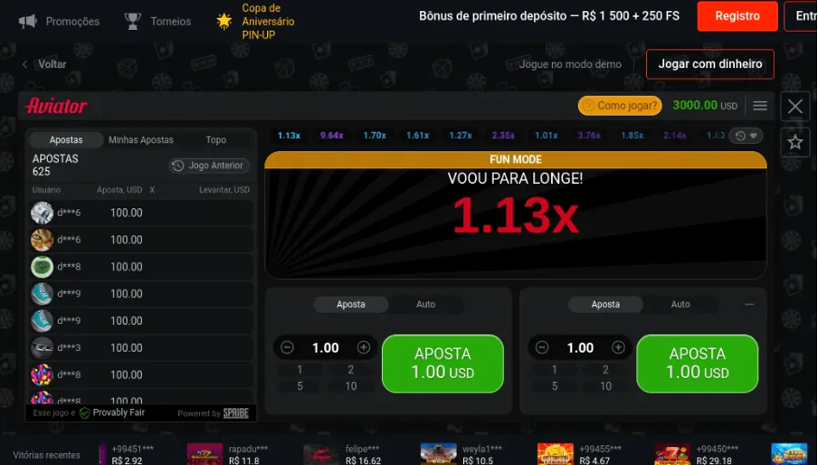 Interfaz del juego Aviator en portugués en una plataforma Pin-up que muestra un avión volando con un multiplicador de 1,13x.
