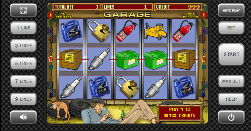 La interfaz del juego de tragaperras Garage muestra cinco rodillos con varios símbolos relacionados con los coches, como cerraduras, baterías y aceite de motor, con botones de apuesta y selección de línea a los lados.