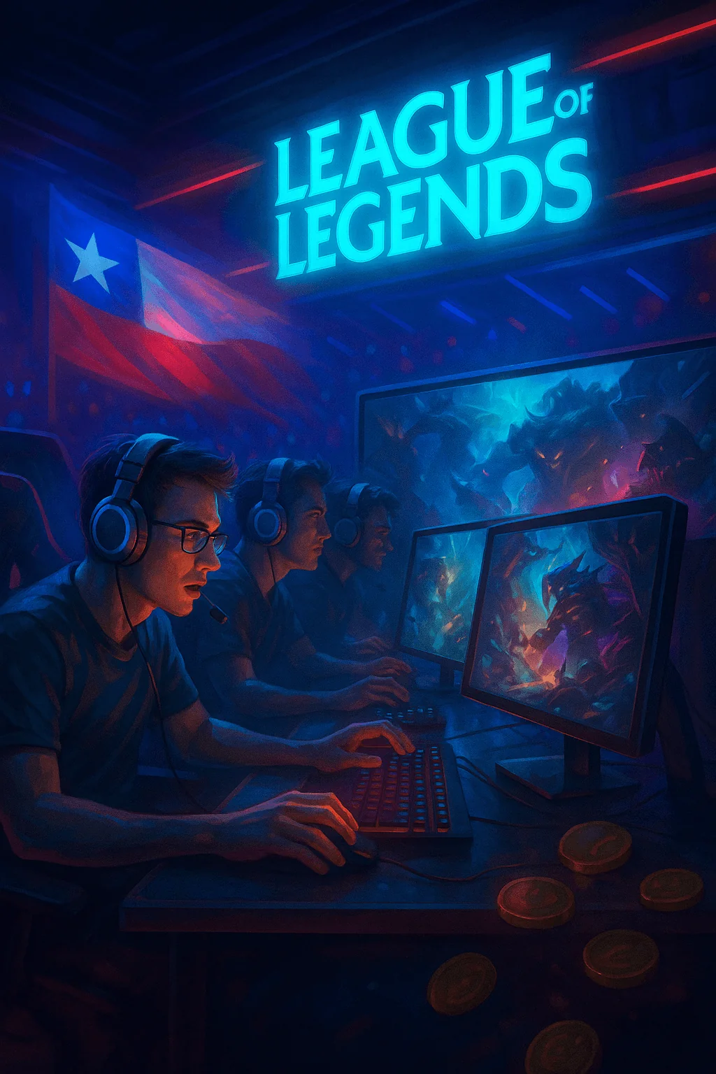 Jugadores profesionales compitiendo en un torneo de League of Legends con apuestas en Pin Up Bet.